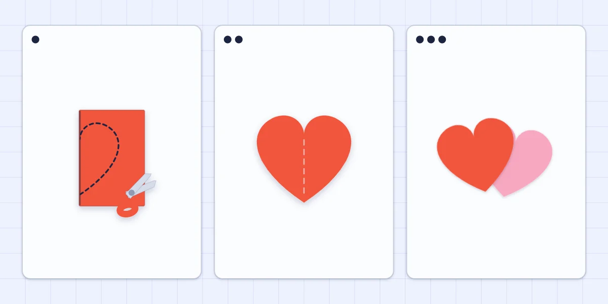 Three steps of cutting a symmetrical paper heart from a fold and overlapping two hearts