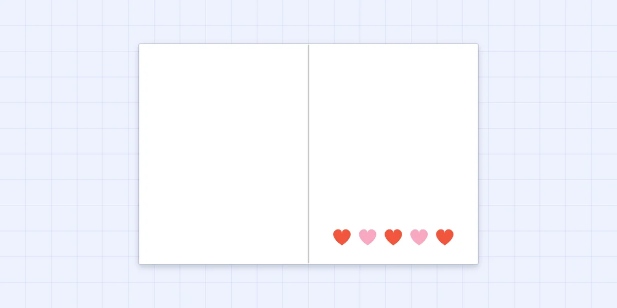 The inside of a card with a row of five tiny paper hearts along the bottom