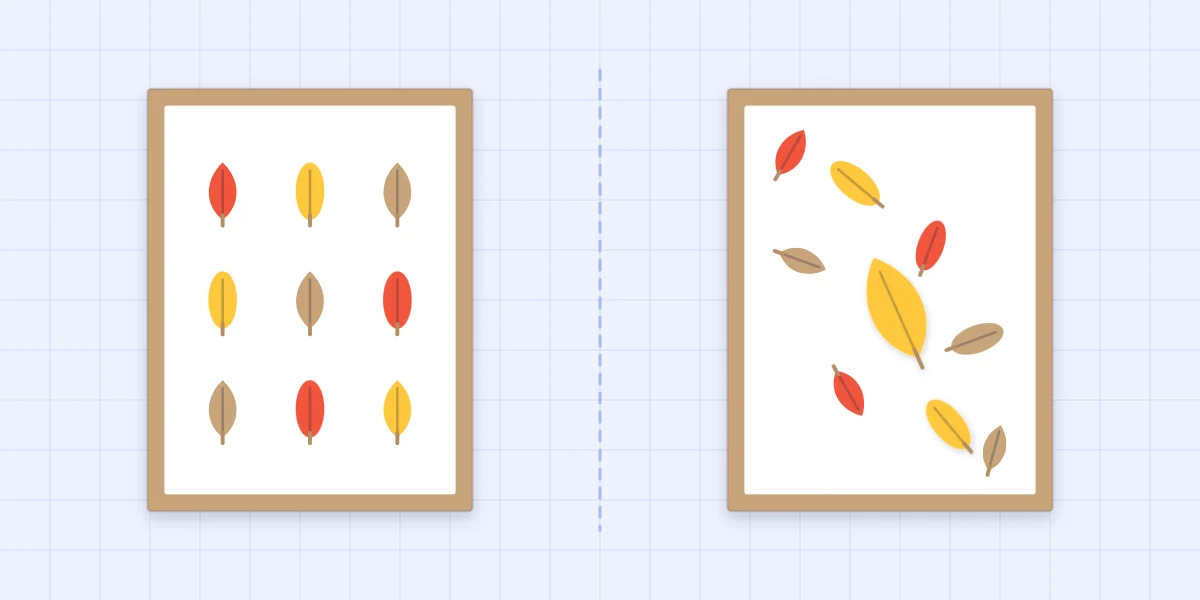 Leaves arranged in a rigid grid beside the same leaves in a loose diagonal drift