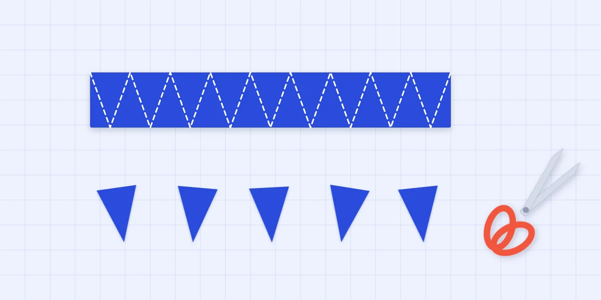 A paper strip cut in a zigzag into equal triangles for pennants, with scissors