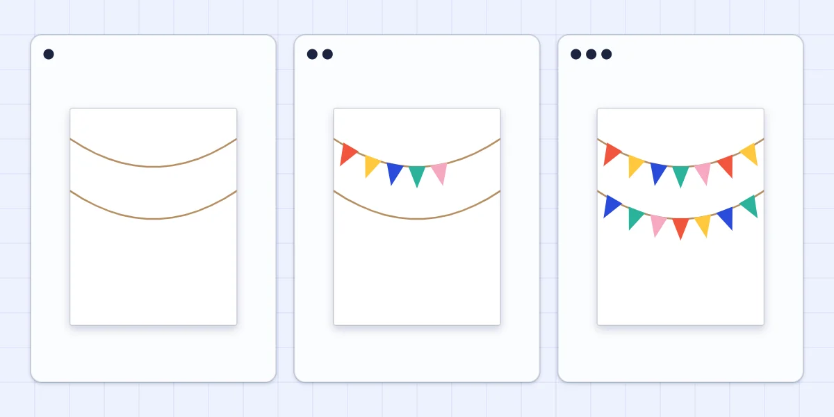 Three stages of a banner card: two curved lines, pennants along the first line, both lines filled