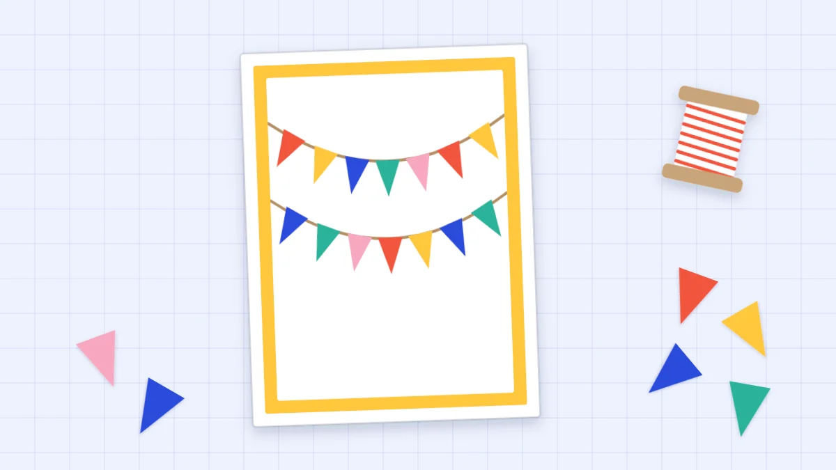 A handmade birthday card with two rows of colorful paper pennants strung across it, beside loose triangles and twine