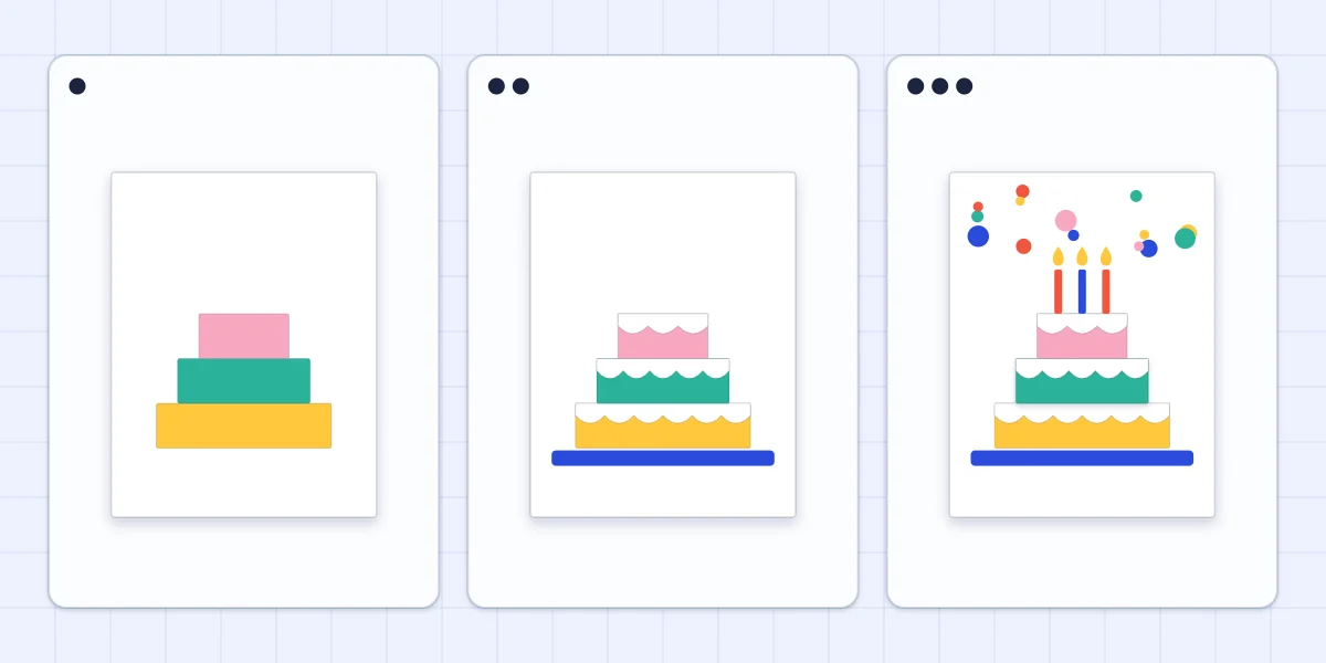 Three stages of assembling a paper cake on a card: tiers, icing and stand, then candles