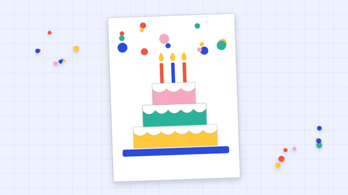 A handmade birthday card with a three-tier paper cake, wavy icing and three candles
