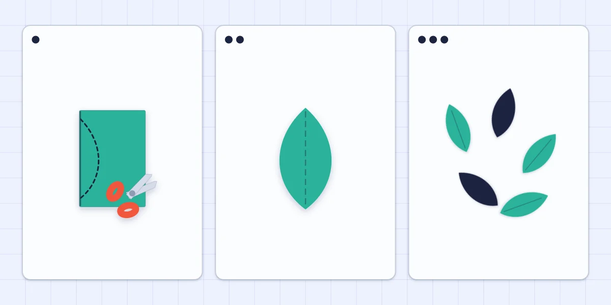 Three steps of cutting a symmetrical paper leaf from a folded scrap and creasing its center