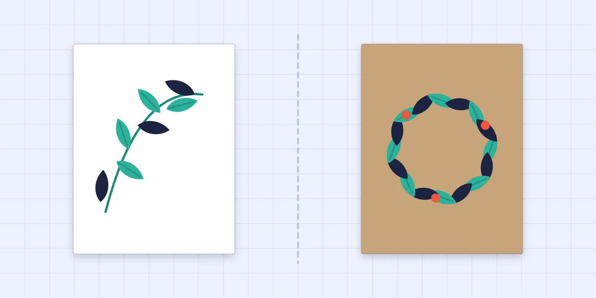 A card with a single arching leaf sprig beside a kraft card with a leaf wreath