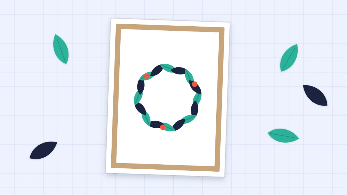 A handmade thank-you card with a wreath of paper leaves and red berries around an empty center