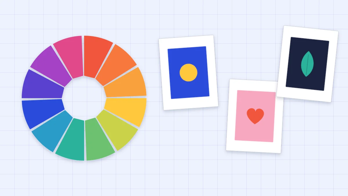 A paper color wheel beside three small cards that each use a different two-color palette