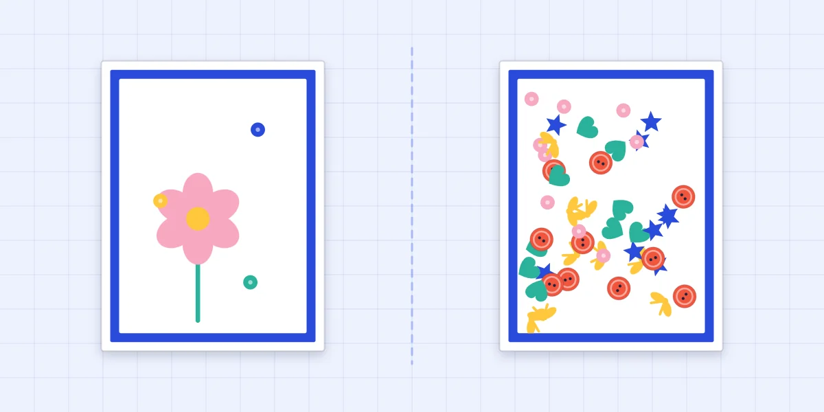 A restrained card with three sequins beside an overcrowded card covered in embellishments