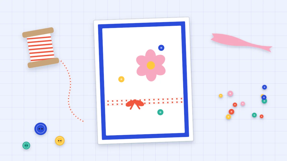 A card wrapped with twine and a bow, surrounded by a twine spool, ribbon, sequins and buttons