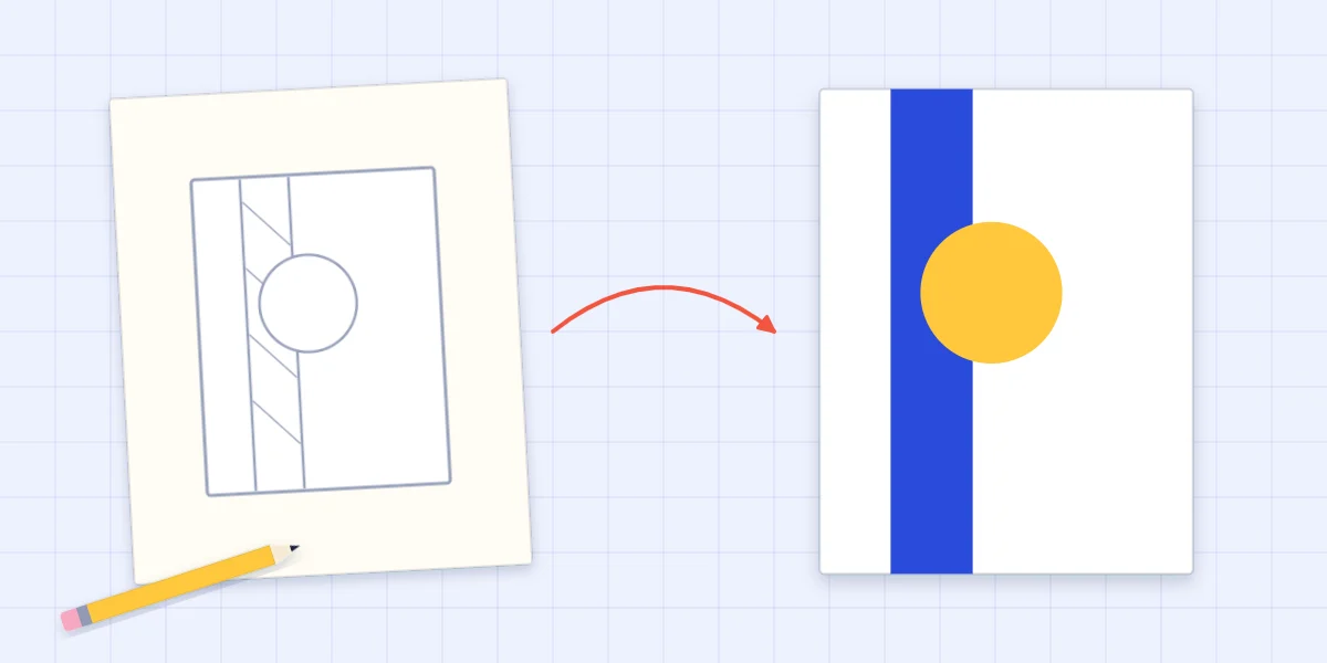 A pencil thumbnail of a card layout next to the finished card built from the same arrangement