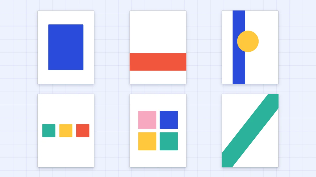 Six card layouts shown as simple colored blocks: centered panel, band, side strip, three in a row, grid and diagonal
