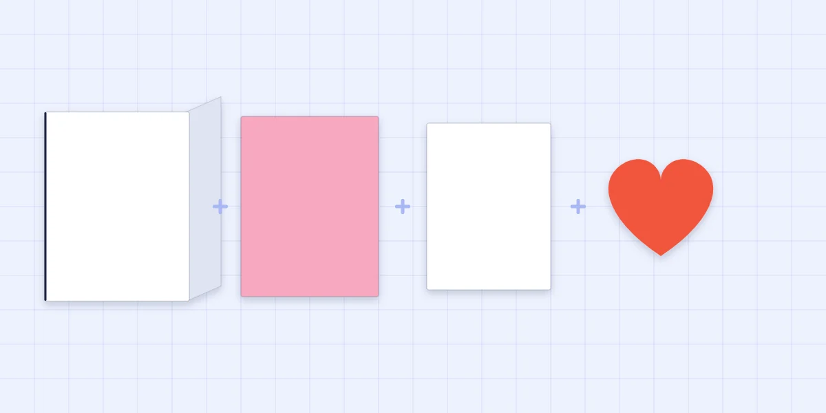 The parts of a handmade card laid out in a row: folded base, colored mat, white panel and a paper heart