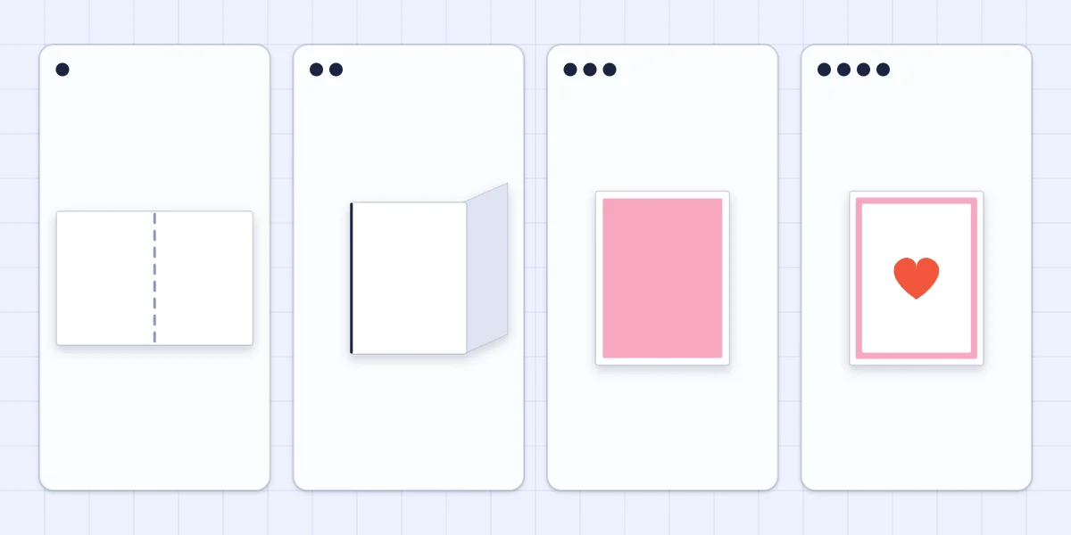 Four stages of a first card: scored sheet, folded base, mat layer added and the finished card with a heart