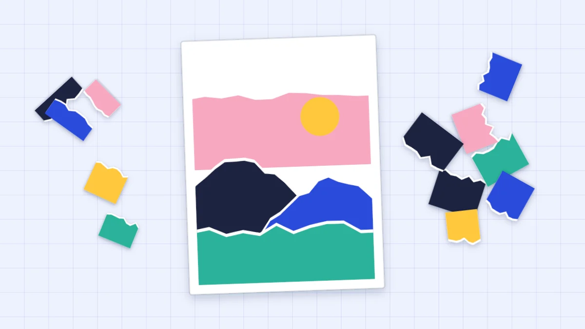 A collage card with a torn-paper landscape of blue hills and a yellow sun, with paper scraps beside it