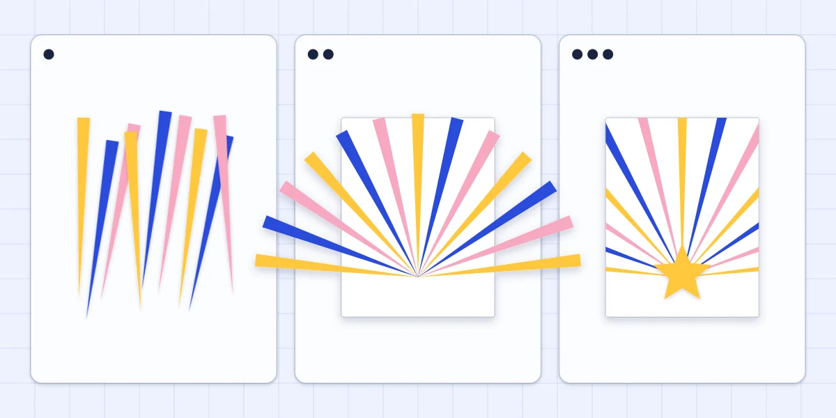 Three stages of a starburst card: loose rays, rays glued in a fan with overhang, and the trimmed panel with a star
