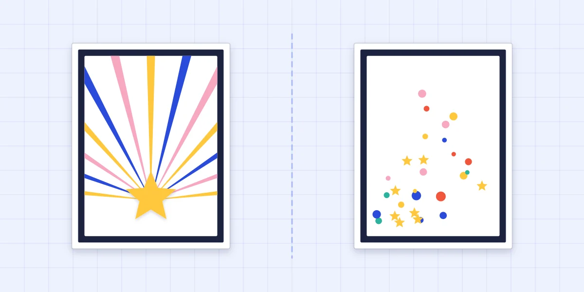 A starburst card beside a variation with confetti dots bursting from one corner
