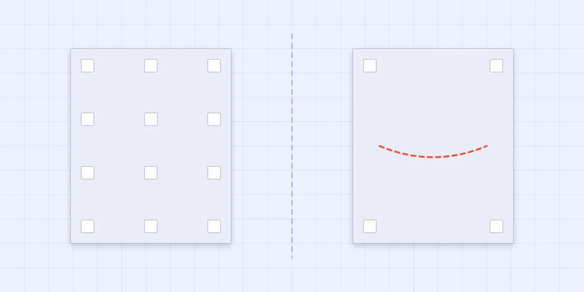 The back of a panel with foam squares spread evenly beside a panel supported only at the corners