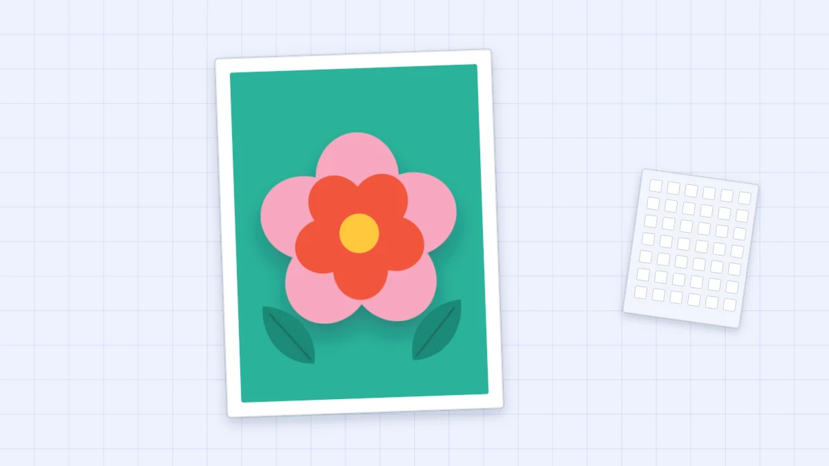 A card with a raised layered paper flower casting a shadow, beside a sheet of foam adhesive squares