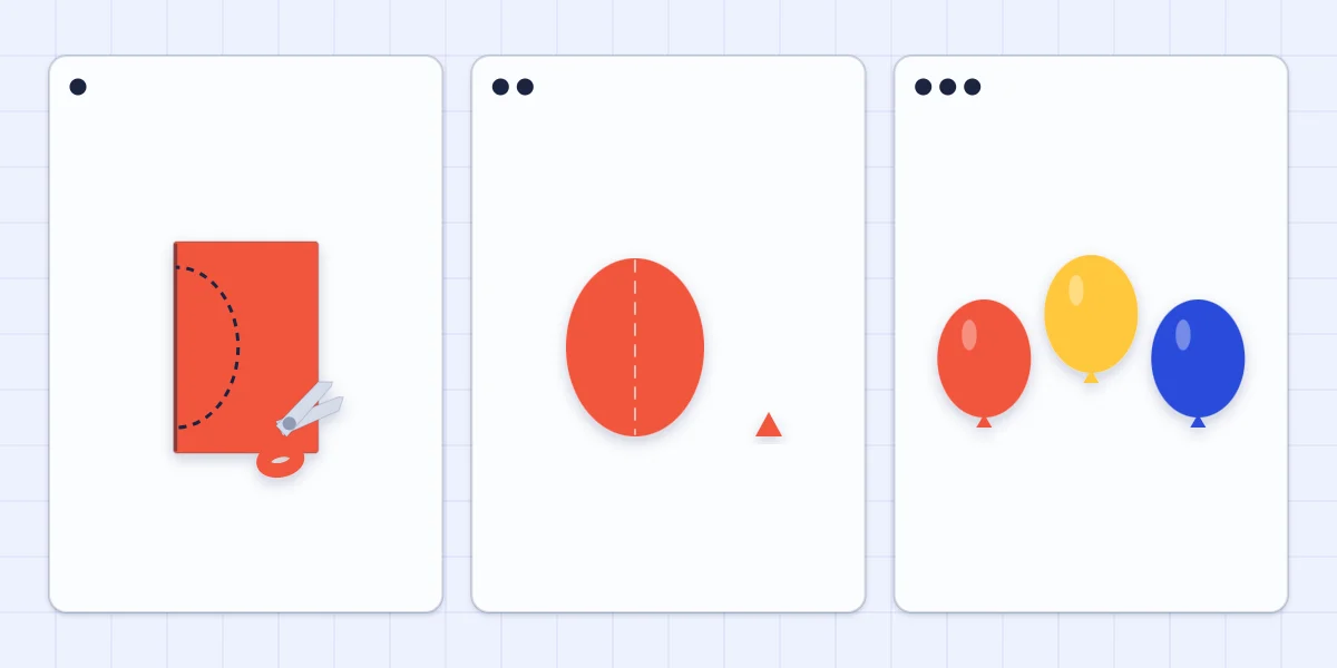 Three steps of cutting a symmetrical paper balloon from a folded scrap and adding a knot