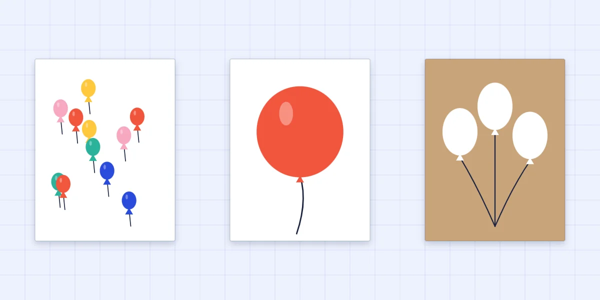 Three balloon card variations: many small balloons, one giant balloon and white balloons on kraft