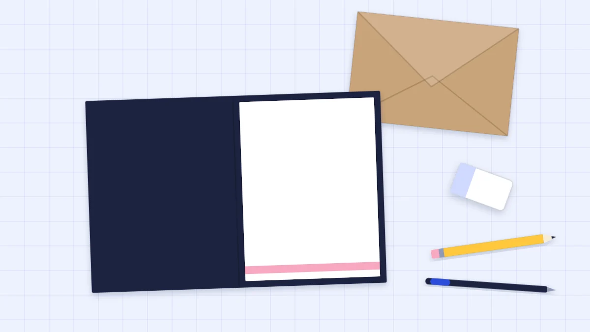 An open dark card with a white liner panel inside, beside an eraser, a pencil, a pen and a kraft envelope