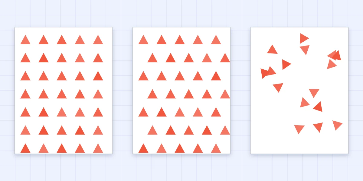 Three stamped repeat patterns from one triangle stamp: straight rows, half-drop rows and a random scatter