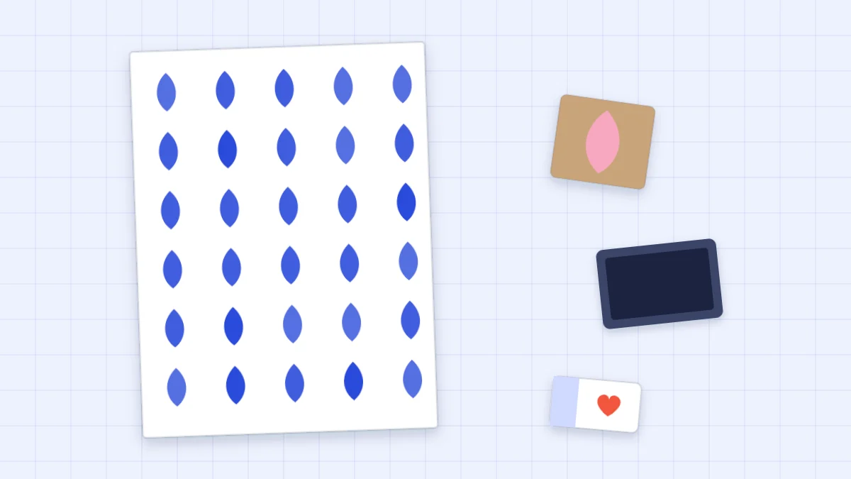 A card panel printed with rows of blue leaf shapes beside a homemade foam stamp, an ink pad and a carved eraser