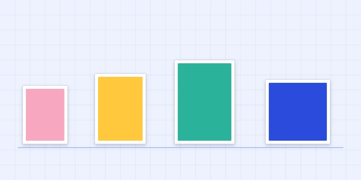 Four card fronts in common sizes from small to large, each with a colored mat that leaves an even border