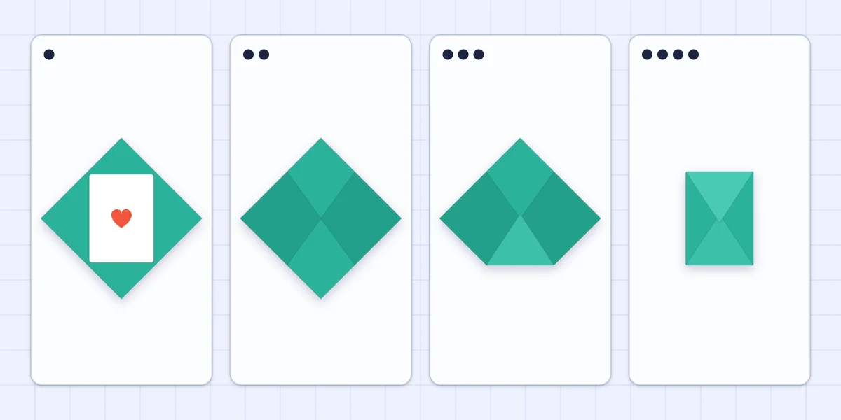 Four steps of folding an envelope from a paper square placed diagonally around a card