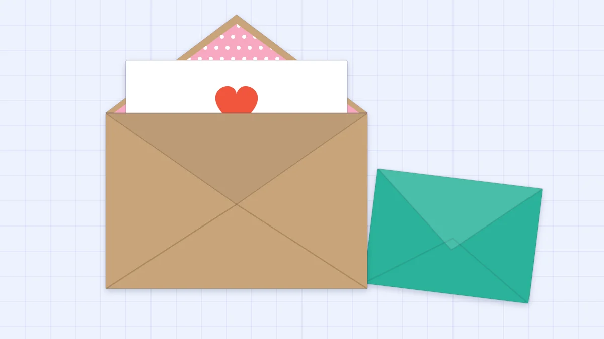 An open kraft envelope with a pink dotted liner and a card tucked inside, beside a closed mint envelope