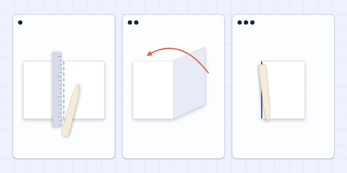 Three steps of folding a card: scoring along a ruler, folding along the score and burnishing the crease