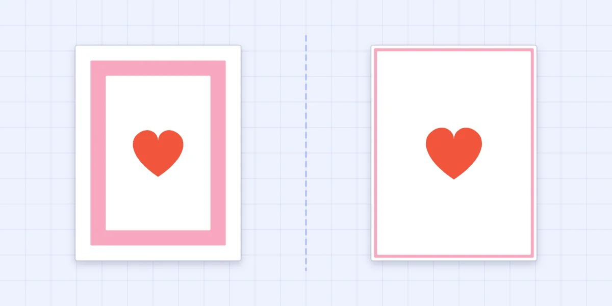 Two layered card fronts comparing a wide mat border with a thin mat border