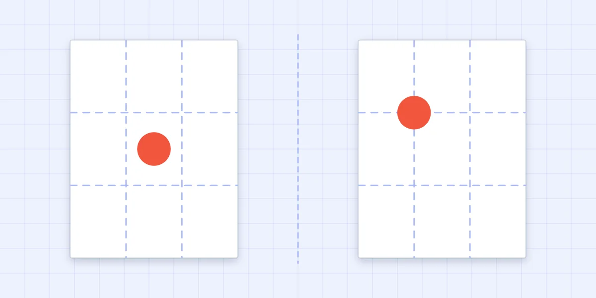Two card fronts with thirds guides: a circle placed in the dead center and the same circle placed on a thirds intersection