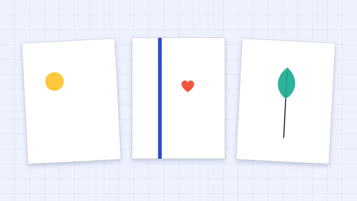 Three minimalist white cards: one with a small yellow circle, one with a thin blue strip and tiny heart, one with a single leaf