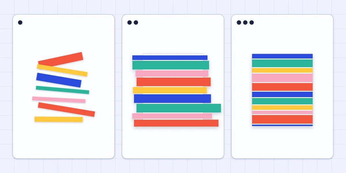 Three steps of a paper strip panel: loose strips, strips glued with overhanging ends, and the trimmed panel