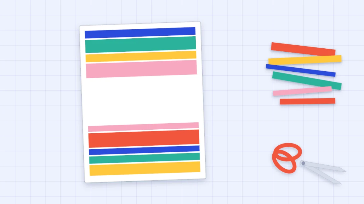 A handmade card covered in colorful horizontal paper strips with a plain white band, beside loose strips and scissors