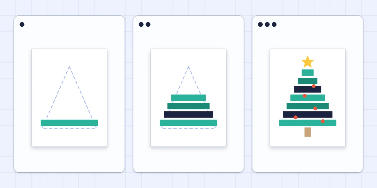 Three stages of building a paper strip tree inside a triangle guide, from the bottom strip up