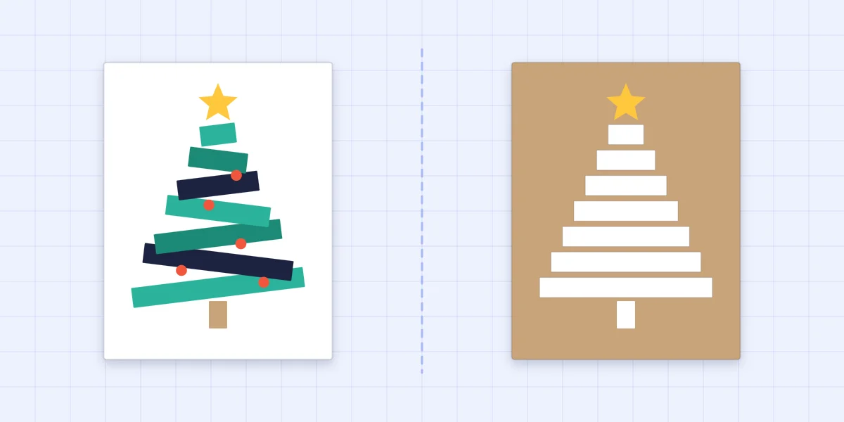 A card with a slanted-strip tree beside a kraft card with an all-white strip tree