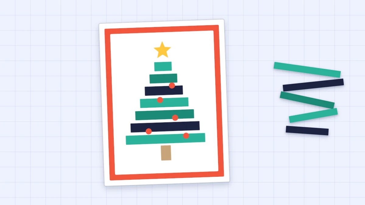 A handmade holiday card with a tree built from stacked paper strips, a yellow star and red dot ornaments