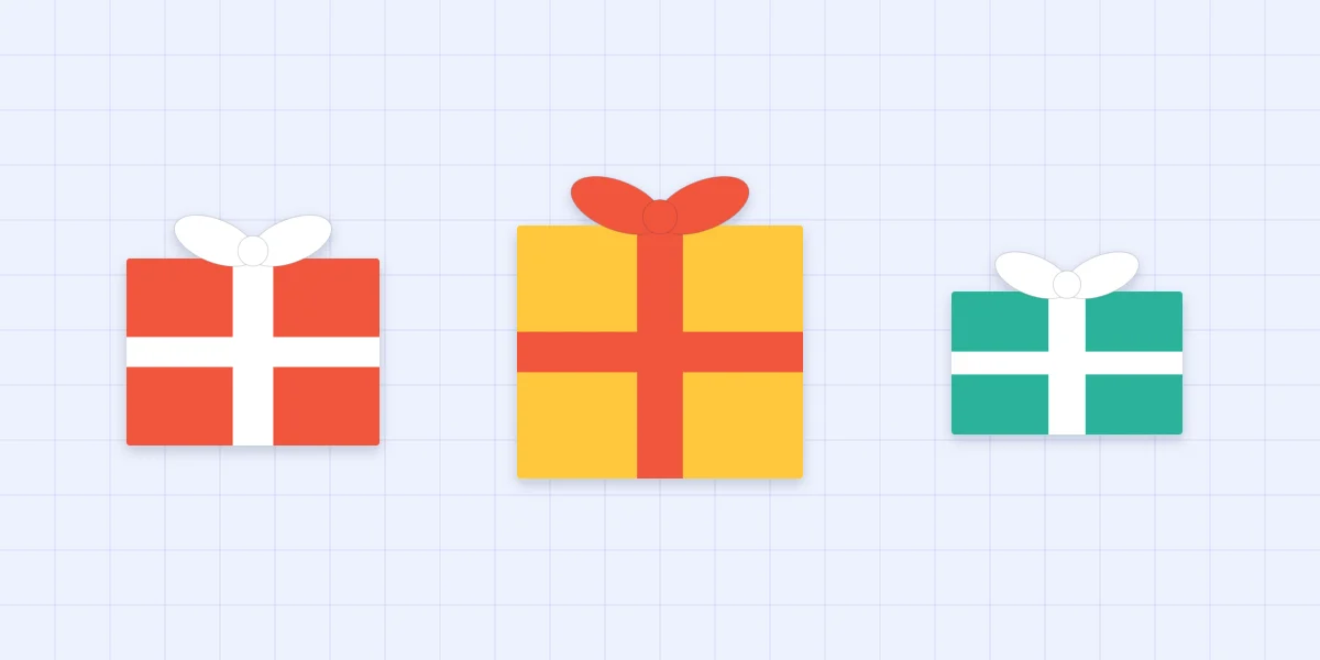 Three flat paper gift boxes with ribbon strips and small bows