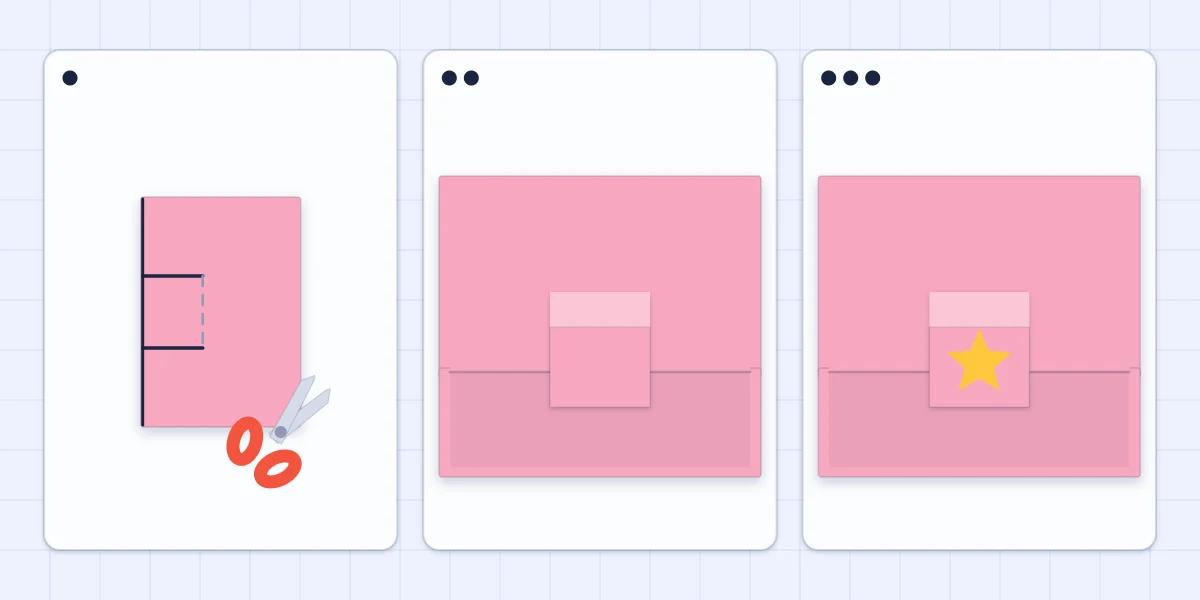 Three steps of a box-fold pop-up: two cuts across the fold, the tab pushed forward and a star glued to the tab