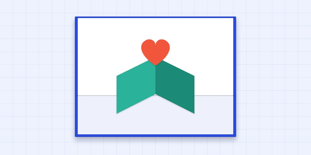 An open card with a V-fold strip across the center lifting a red paper heart