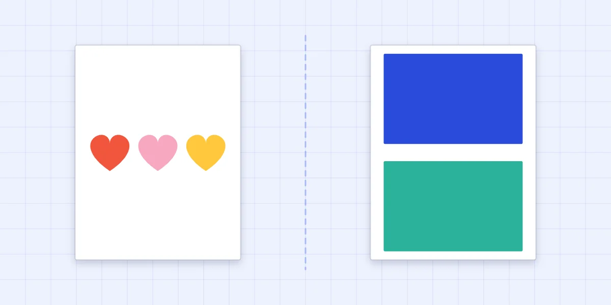 A card with three paper hearts in a row beside a two-color block card