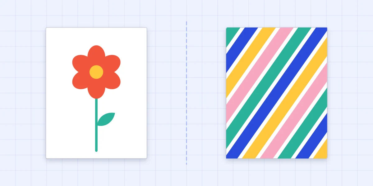 A card with a single paper flower beside a card with diagonal paper stripes