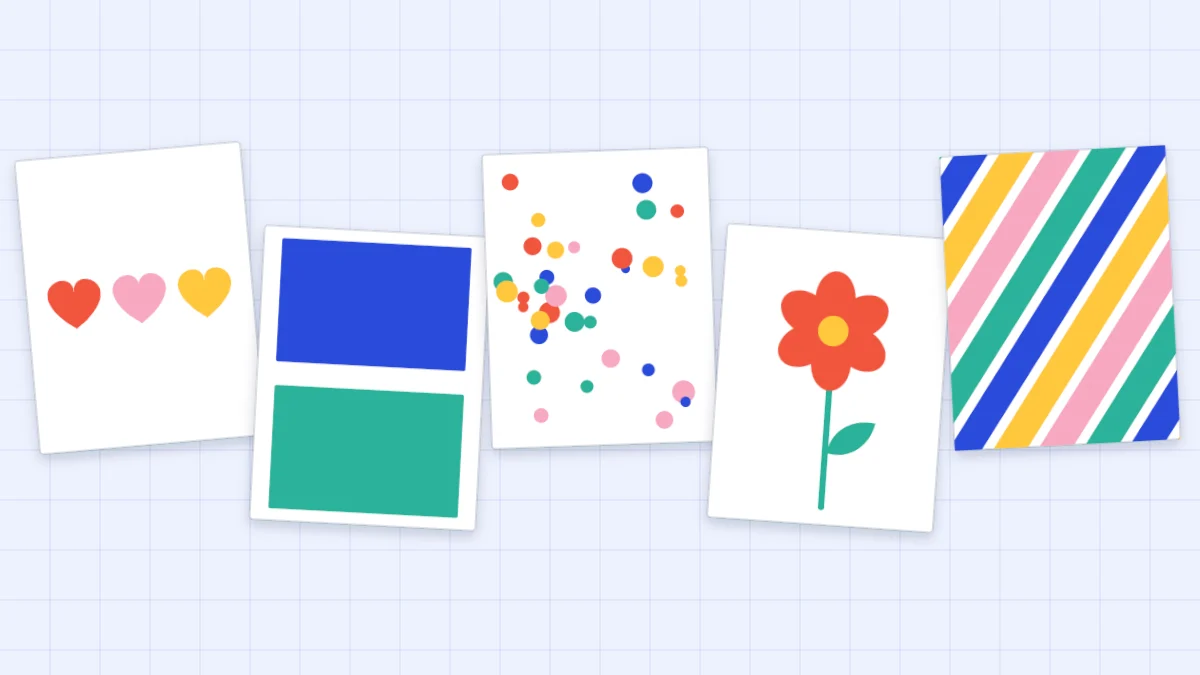 Five simple handmade cards in a row with hearts, color blocks, confetti dots, a flower and diagonal stripes