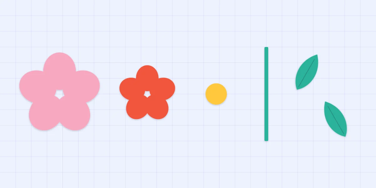 The pieces of a layered paper flower laid out: large petals, small petals, a center, a stem and two leaves