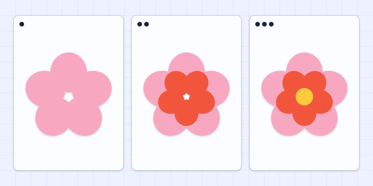 Three stages of assembling a layered paper flower from large petals, small petals and a center