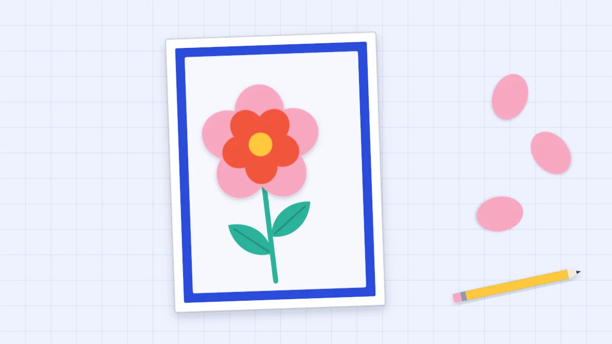 A handmade thank-you card with a layered pink and red paper flower on a blue mat, with loose petals and a pencil