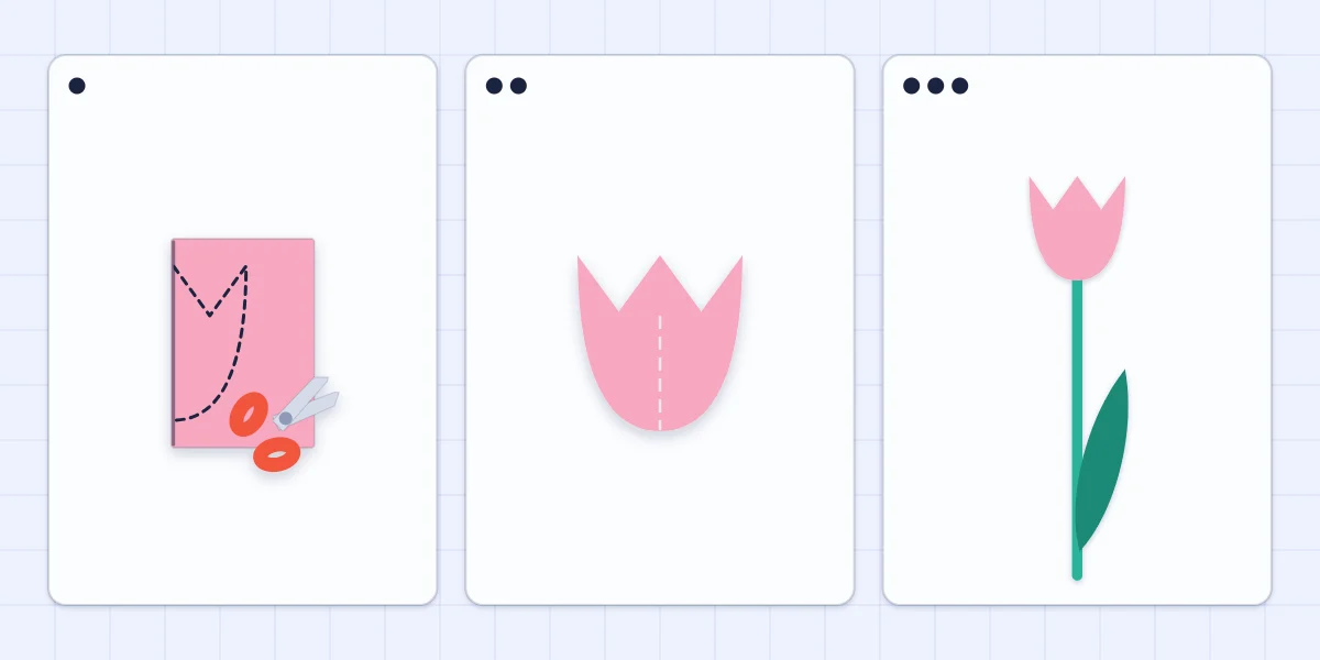 Three steps of cutting a paper tulip from a folded scrap and adding a stem and leaf